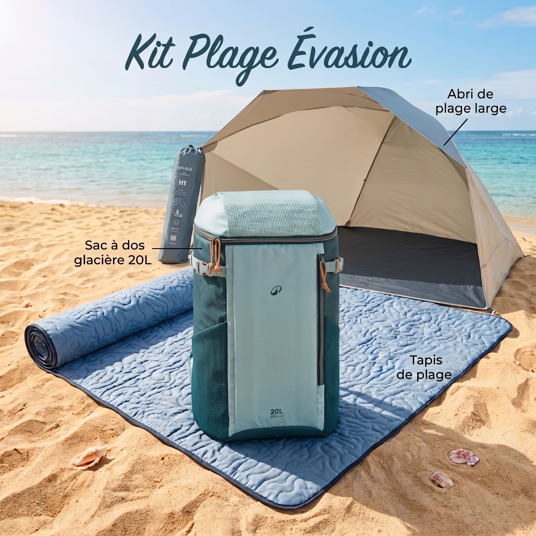 Kit de plage complet : glacière 20L, parasol UPF 50+ résistant au vent et tapis XL